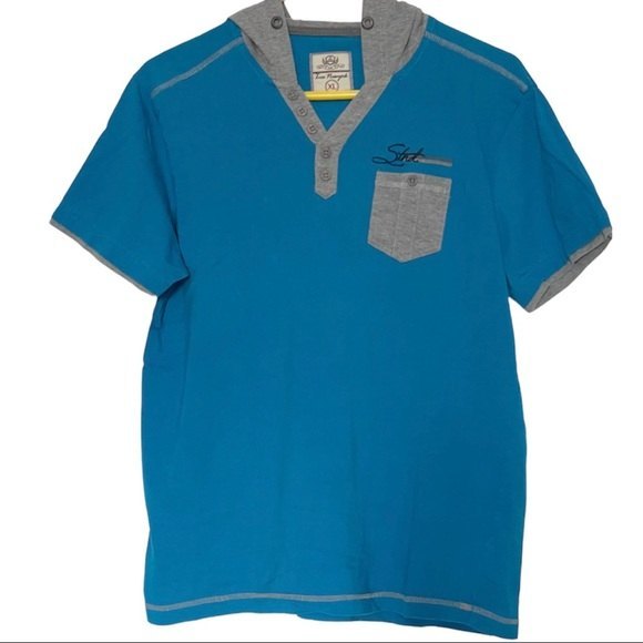 Xios New York 100% Cotton Mens Blue Gray Short Sleeve Hooded Shirt XL - Picture 1 of 4